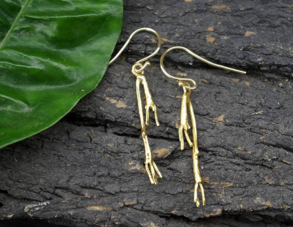 Real Jasmine Twig Gold Dangle Earrings, Handmade Nature Jewelry, Organic Botanical Dangles, Gift for Beauty & Good Luck, 14K Gold Plated Sterling Silver 925
