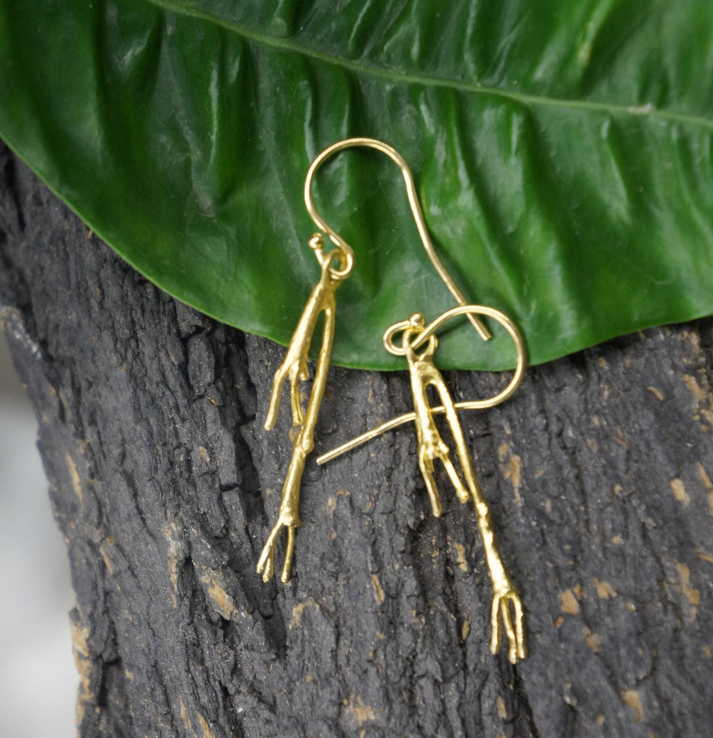 Real Jasmine Twig Gold Dangle Earrings, Handmade Nature Jewelry, Organic Botanical Dangles, Gift for Beauty & Good Luck, 14K Gold Plated Sterling Silver 925