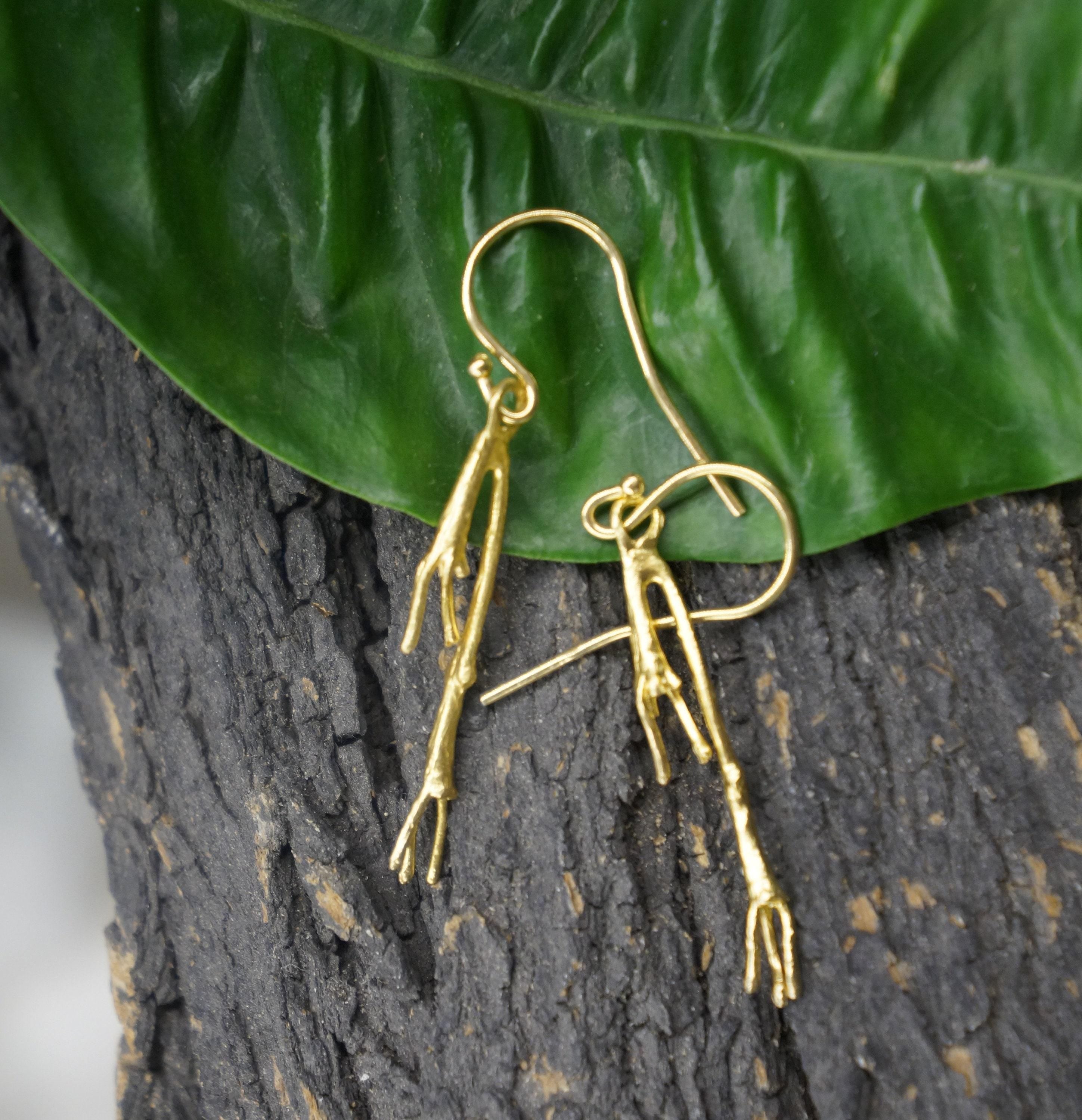 Real Jasmine Twig Gold Dangle Earrings, Handmade Nature Jewelry, Organic Botanical Dangles, Gift for Beauty & Good Luck, 14K Gold Plated Sterling Silver 925
