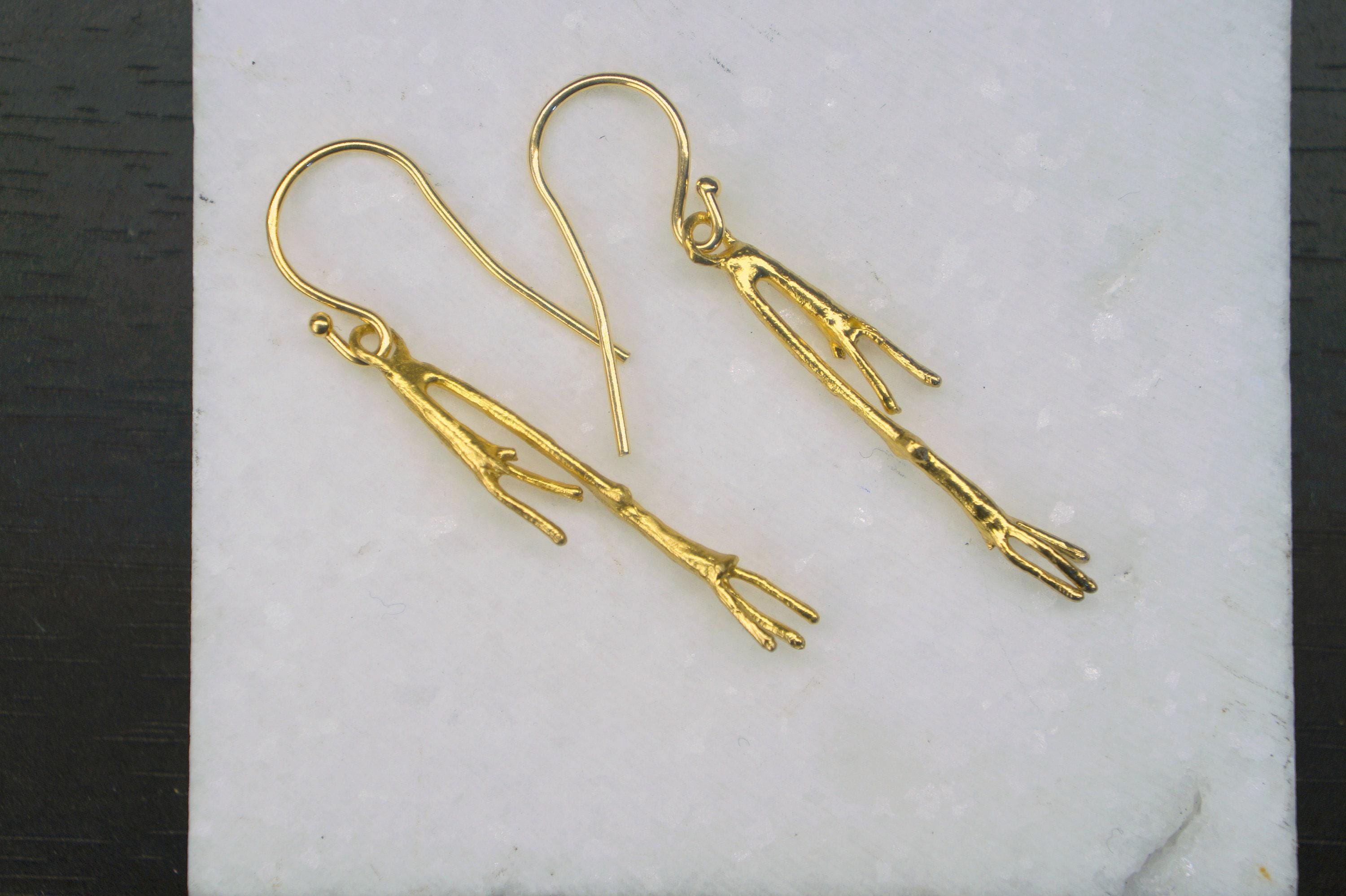 Real Jasmine Twig Gold Dangle Earrings, Handmade Nature Jewelry, Organic Botanical Dangles, Gift for Beauty & Good Luck, 14K Gold Plated Sterling Silver 925